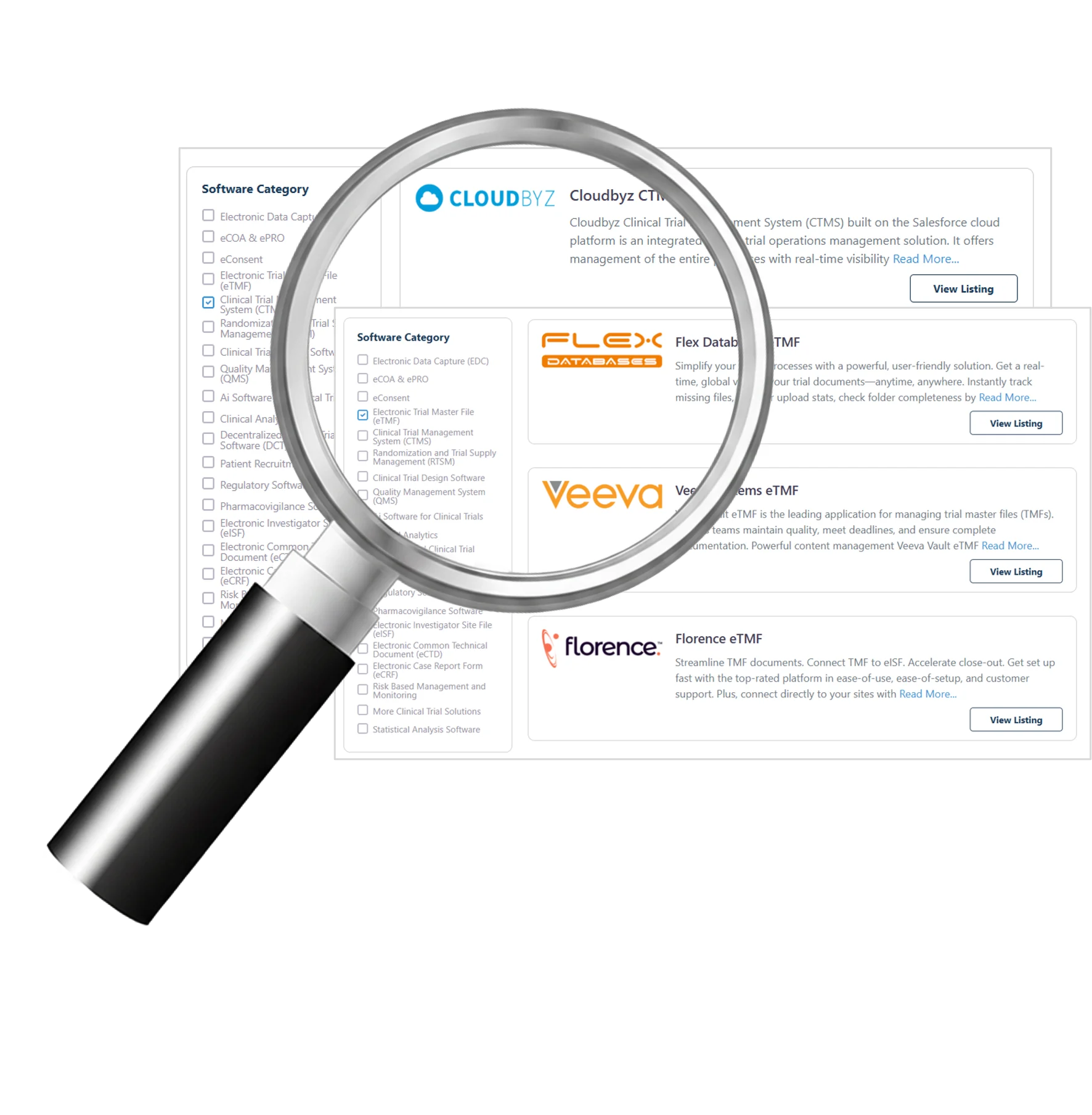 clinical trial software directory, magnifying glass, logos