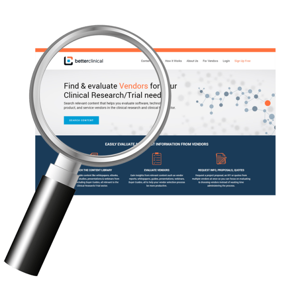 betterclinical, Clinical trial software search, magnifying glass, vendor directory
