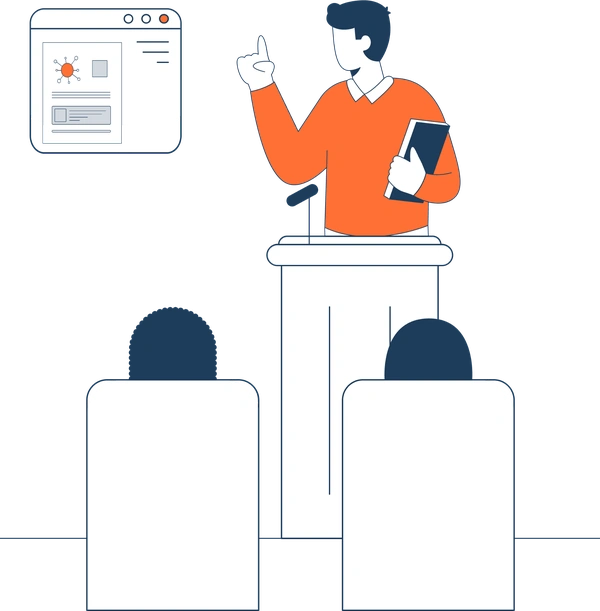 content marketing training illustration man podium orange, life science marketing