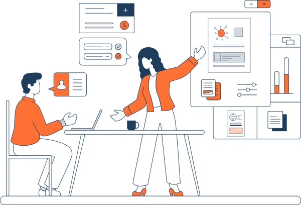 life sciences marketing illustration, orange, office 2 people